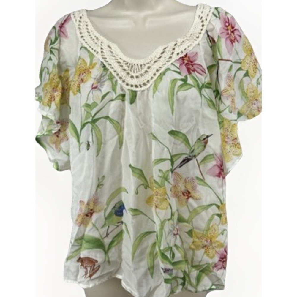 VTg Anthropologie Floreat 100% Silk Top XL Short Flutter Sleeve Floral Shirt